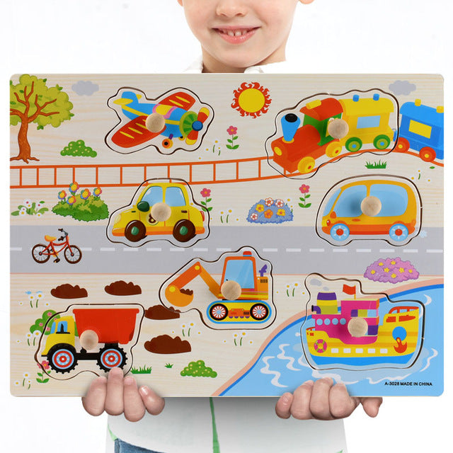 Nouveau 30cm bébé jouets Montessori en bois Puzzle main saisir conseil éducatif bois Puzzles pour enfants dessin animé Animal véhicule enfant cadeau