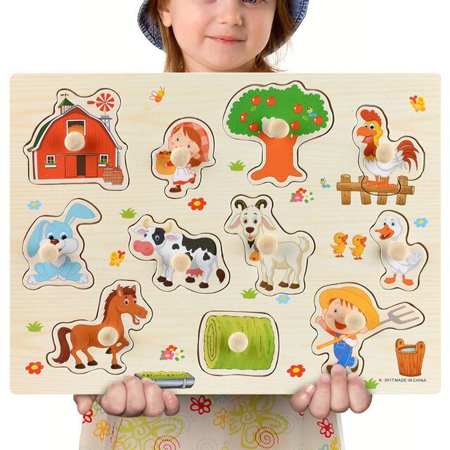 Nouveau 30cm bébé jouets Montessori en bois Puzzle main saisir conseil éducatif bois Puzzles pour enfants dessin animé Animal véhicule enfant cadeau