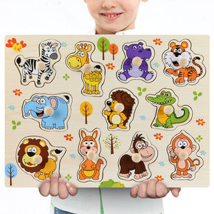 Nouveau 30cm bébé jouets Montessori en bois Puzzle main saisir conseil éducatif bois Puzzles pour enfants dessin animé Animal véhicule enfant cadeau