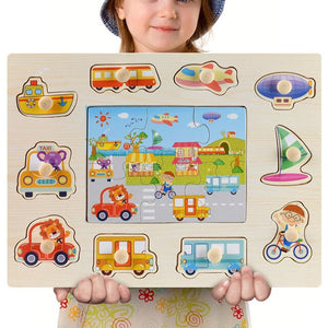 Nouveau 30cm bébé jouets Montessori en bois Puzzle main saisir conseil éducatif bois Puzzles pour enfants dessin animé Animal véhicule enfant cadeau