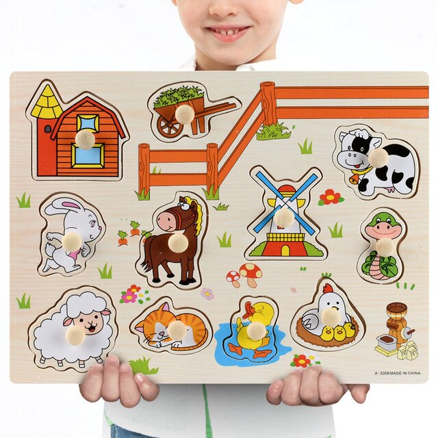 Nouveau 30cm bébé jouets Montessori en bois Puzzle main saisir conseil éducatif bois Puzzles pour enfants dessin animé Animal véhicule enfant cadeau