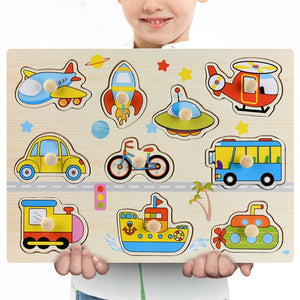 Nouveau 30cm bébé jouets Montessori en bois Puzzle main saisir conseil éducatif bois Puzzles pour enfants dessin animé Animal véhicule enfant cadeau